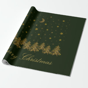 Sparly Gold kerstboom, maan, sterren op groen Cadeaupapier