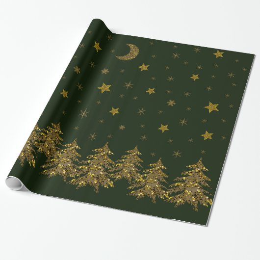 Sparly Gold kerstboom, maan, sterren op groen Cadeaupapier (Uitgerold)