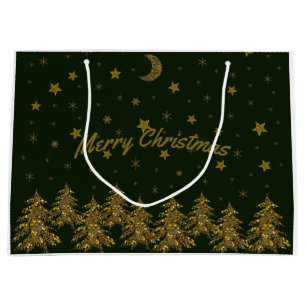 Sparly Gold kerstboom, maan, sterren op groen Groot Cadeauzakje