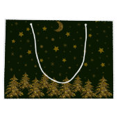 Sparly Gold kerstboom, maan, sterren op groen Groot Cadeauzakje (Achterkant)