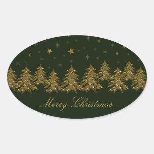 Sparly Gold kerstboom, maan, sterren op groen Ovale Sticker