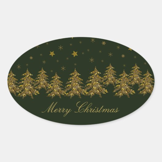 Sparly Gold kerstboom, maan, sterren op groen Ovale Sticker (Voorkant)