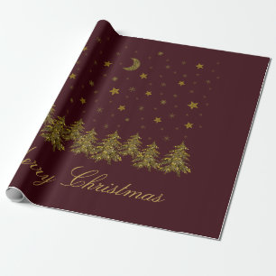 Sparly Gold kerstboom, maan, sterren op rood Cadeaupapier