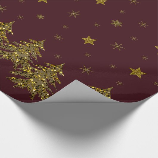 Sparly Gold kerstboom, maan, sterren op rood Cadeaupapier (Hoek)