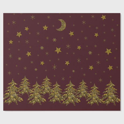 Sparly Gold kerstboom, maan, sterren op rood Cadeaupapier (Vlak)