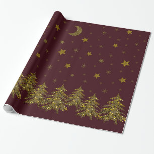 Sparly Gold kerstboom, maan, sterren op rood Cadeaupapier