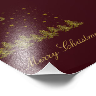 Sparly Gold kerstboom, maan, sterren op rood Foto Afdruk
