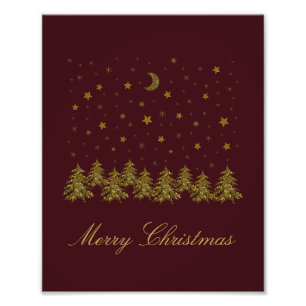 Sparly Gold kerstboom, maan, sterren op rood Foto Afdruk