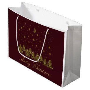 Sparly Gold kerstboom, maan, sterren op rood Groot Cadeauzakje