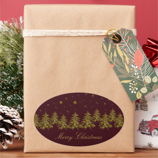 Sparly Gold kerstboom, maan, sterren op rood Ovale Sticker (Feestdagen)