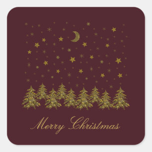 Sparly Gold kerstboom, maan, sterren op rood Vierkante Sticker