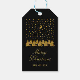 Sparly Gold kerstboom, maan, sterren op zwart Cadeaulabel