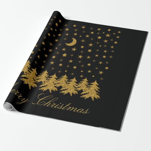 Sparly Gold kerstboom, maan, sterren op zwart Cadeaupapier (Uitgerold)