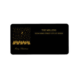 Sparly Gold kerstboom, maan, sterren op zwart Etiket