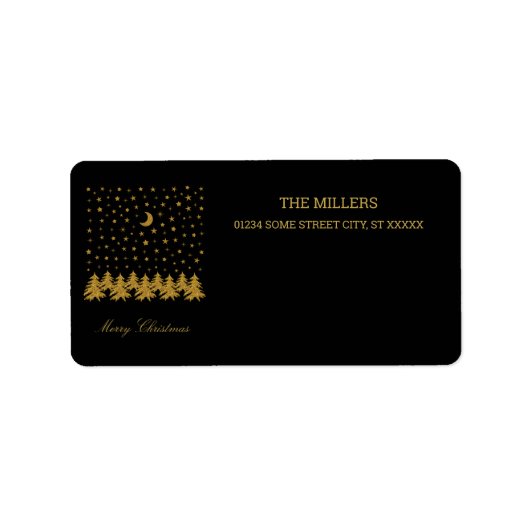 Sparly Gold kerstboom, maan, sterren op zwart Etiket (Voorkant)