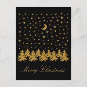 Sparly Gold kerstboom, maan, sterren op zwart Feestdagenkaart