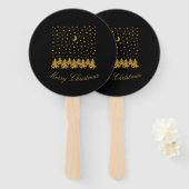 Sparly Gold kerstboom, maan, sterren op zwart Handwaaier (Voorkant en achterkant)