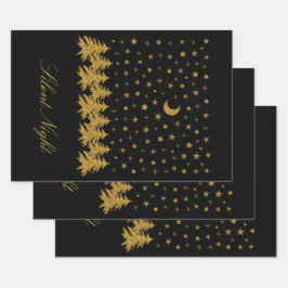 Sparly Gold kerstboom, maan, sterren op zwart Inpakpapier Vel