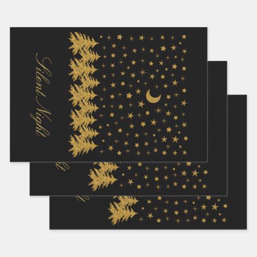 Sparly Gold kerstboom, maan, sterren op zwart Inpakpapier Vel (Set)
