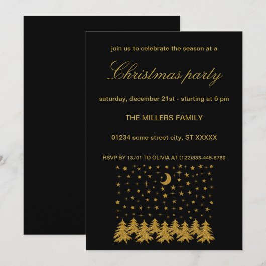 Sparly Gold kerstboom, maan, sterren op zwart Kaart (Voorkant / Achterkant)