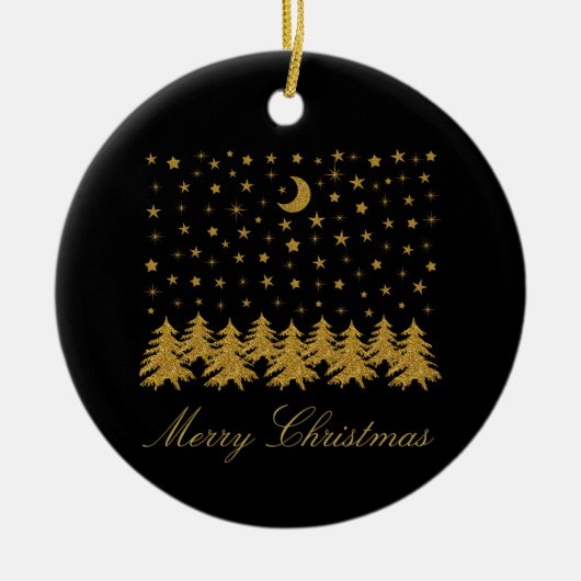 Sparly Gold kerstboom, maan, sterren op zwart Keramisch Ornament (Voorkant)