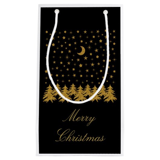 Sparly Gold kerstboom, maan, sterren op zwart Klein Cadeauzakje (Voorkant)