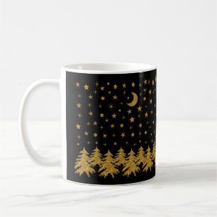 Sparly Gold kerstboom, maan, sterren op zwart Koffiemok