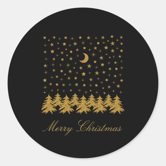 Sparly Gold kerstboom, maan, sterren op zwart Ronde Sticker (Voorkant)