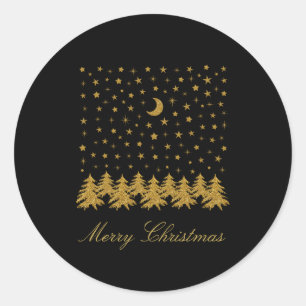 Sparly Gold kerstboom, maan, sterren op zwart Ronde Sticker
