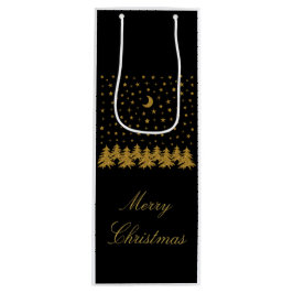 Sparly Gold kerstboom, maan, sterren op zwart Wijn Cadeautas
