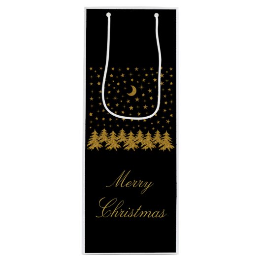 Sparly Gold kerstboom, maan, sterren op zwart Wijn Cadeautas (Voorkant)