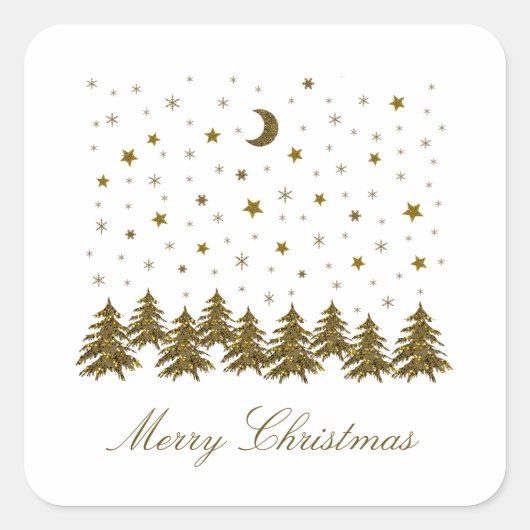 Sparly Gold kerstboom, maan, sterren Vierkante Sticker (Voorkant)