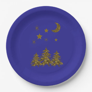 Sparly kerstboom, maan, sterren op blauw papieren bordje
