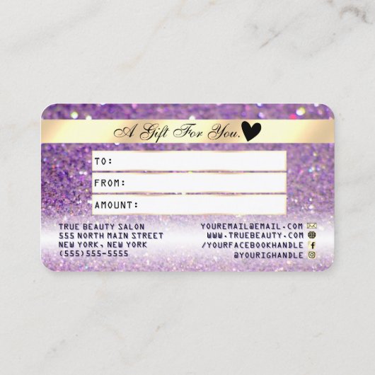 Sparly Lila Paars Gold Glitter-creditcard Visitekaartje (Achterkant)