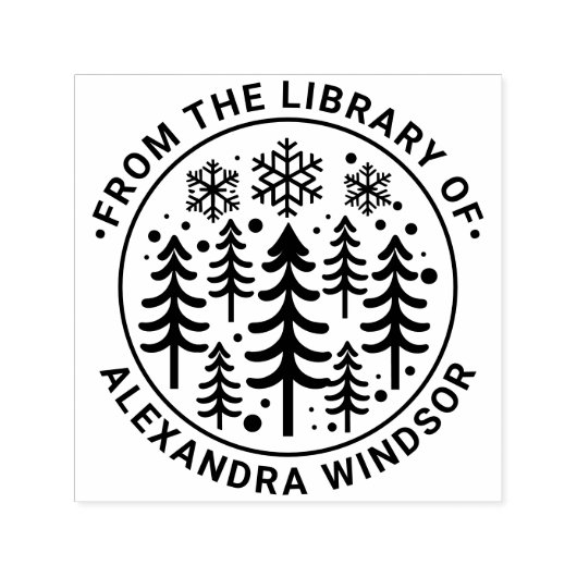 Sparren en Sneeuwvlokken Bibliotheek Boek Naam #2 Zelfinktende Stempel (Design)