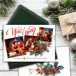 Sparren takken. Nieuwjaar met Foto Wenskaart Aankondiging