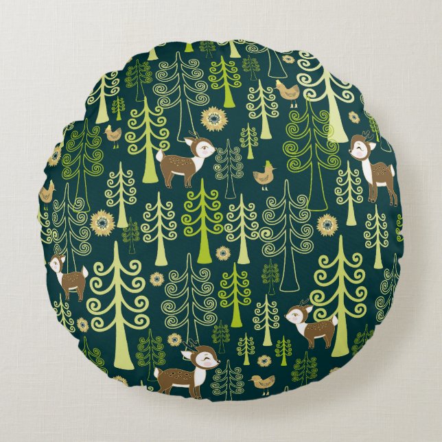  sparrenbomen, hertenmotief. rond kussen (Voorkant)