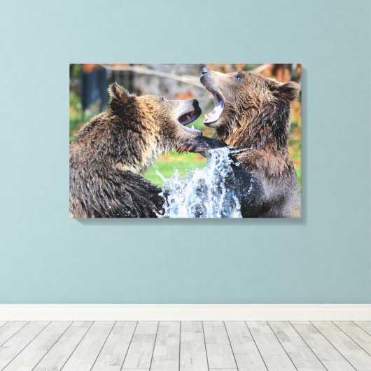 Sparring Grizzly Beren Canvas Afdruk (Insitu (Houten vloer))