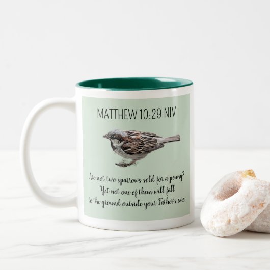 Sparrow Bird Cast Your Cares Bijbelvers Groen Tweekleurige Koffiemok (Met donut)