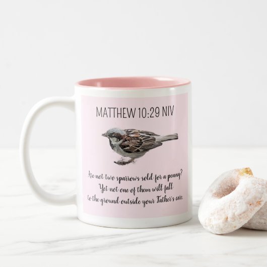 Sparrow Bird Cast Your Cares Bijbelvers Roze Tweekleurige Koffiemok (Met donut)