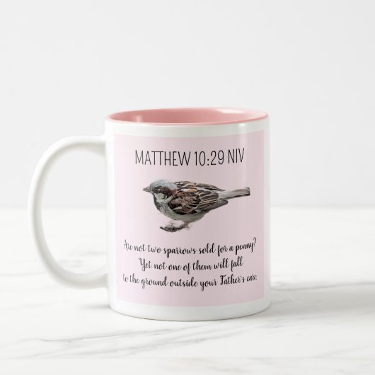 Sparrow Bird Cast Your Cares Bijbelvers Roze Tweekleurige Koffiemok (Links)