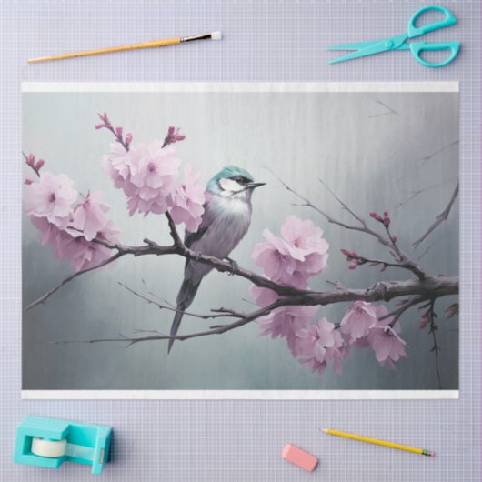Sparrow Bird Cherry Blossom Branch Chinoiserie Tissuepapier (Craft)
