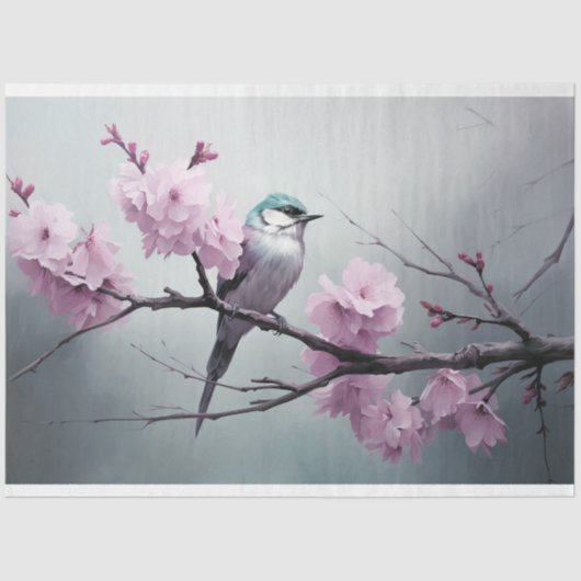 Sparrow Bird Cherry Blossom Branch Chinoiserie Tissuepapier (Voorkant)