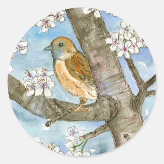 Sparrow Bird Flowering Tree Waterverf schilderij Ronde Sticker (Voorkant)