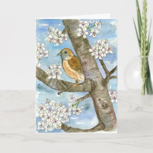 Sparrow Bird Spring Bloeiende Boom Gelukkige Verja Kaart (Voorkant)