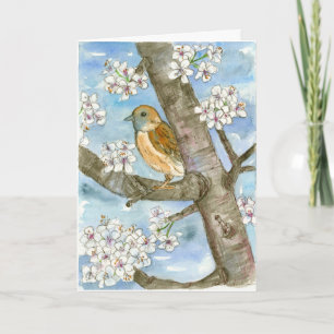 Sparrow Bird Spring Bloeiende Boom Gelukkige Verja Kaart
