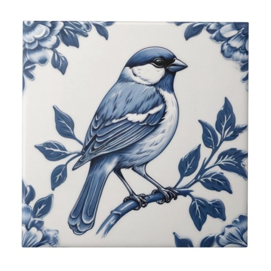 Sparrow Delfts Blauw en Wit Bloemvogel Tegeltje (Voorkant)