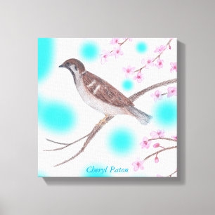Sparrow in Cherry Blossom Tree Sky Wrapped Canvas Afdruk
