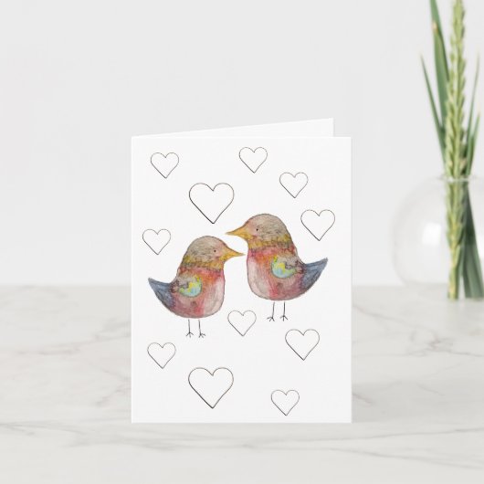 Sparrow in Love, Hearts Pattern Waterverf Notitiekaartje (Voorkant)