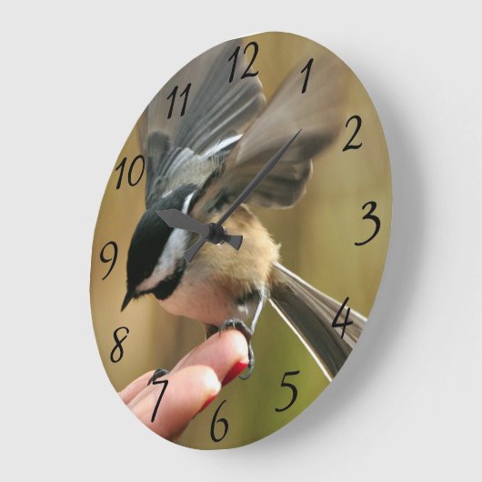 Sparrow landt op de hand van mijn vrouw grote klok (Hoek)